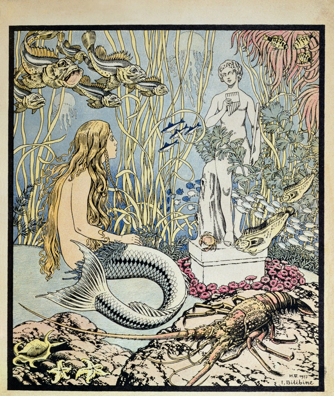 La Sirenita ante una estatua en el mar, ilustración para un cuento de hadas de Hans Christian Andersen (1805-75), de 