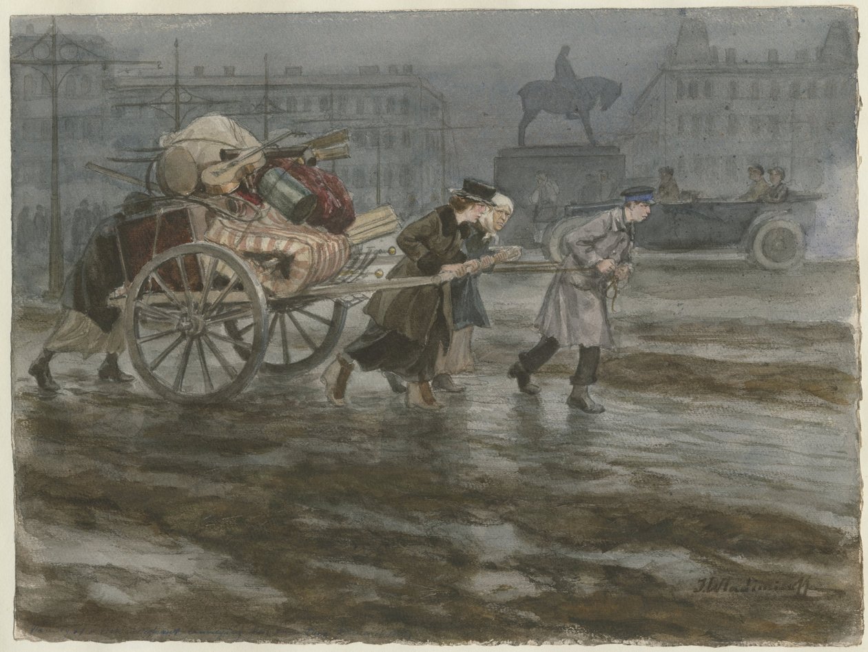 Familia moviendo sus pertenencias en carro de la serie de acuarelas Revolución rusa, 1917-1918 de Ivan Alexeyevich Vladimirov