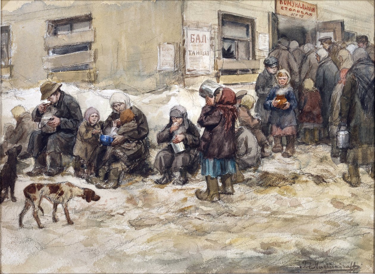 Años de hambre en Petrogrado. Comedor comunal", de Vladimirov, Ivan Alexeyevich (1869-1947). Acuarela, gouache sobre papel. Colección privada de Ivan Alexeyevich Vladimirov