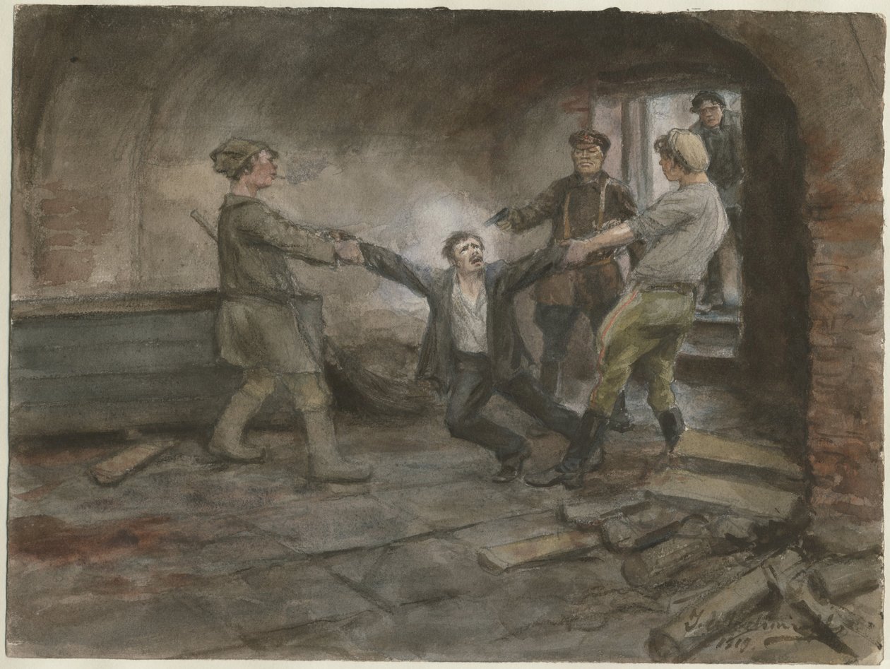 Hombre siendo retenido y ejecutado de la serie de acuarelas Revolución rusa, 1919 de Ivan Alexeyevich Vladimirov