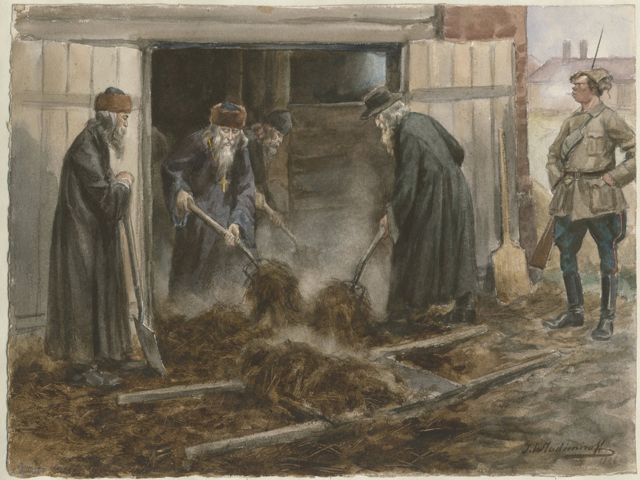 Clero ruso paleando heno: septiembre de 1918 de la serie de acuarelas Revolución rusa de Ivan Alexeyevich Vladimirov