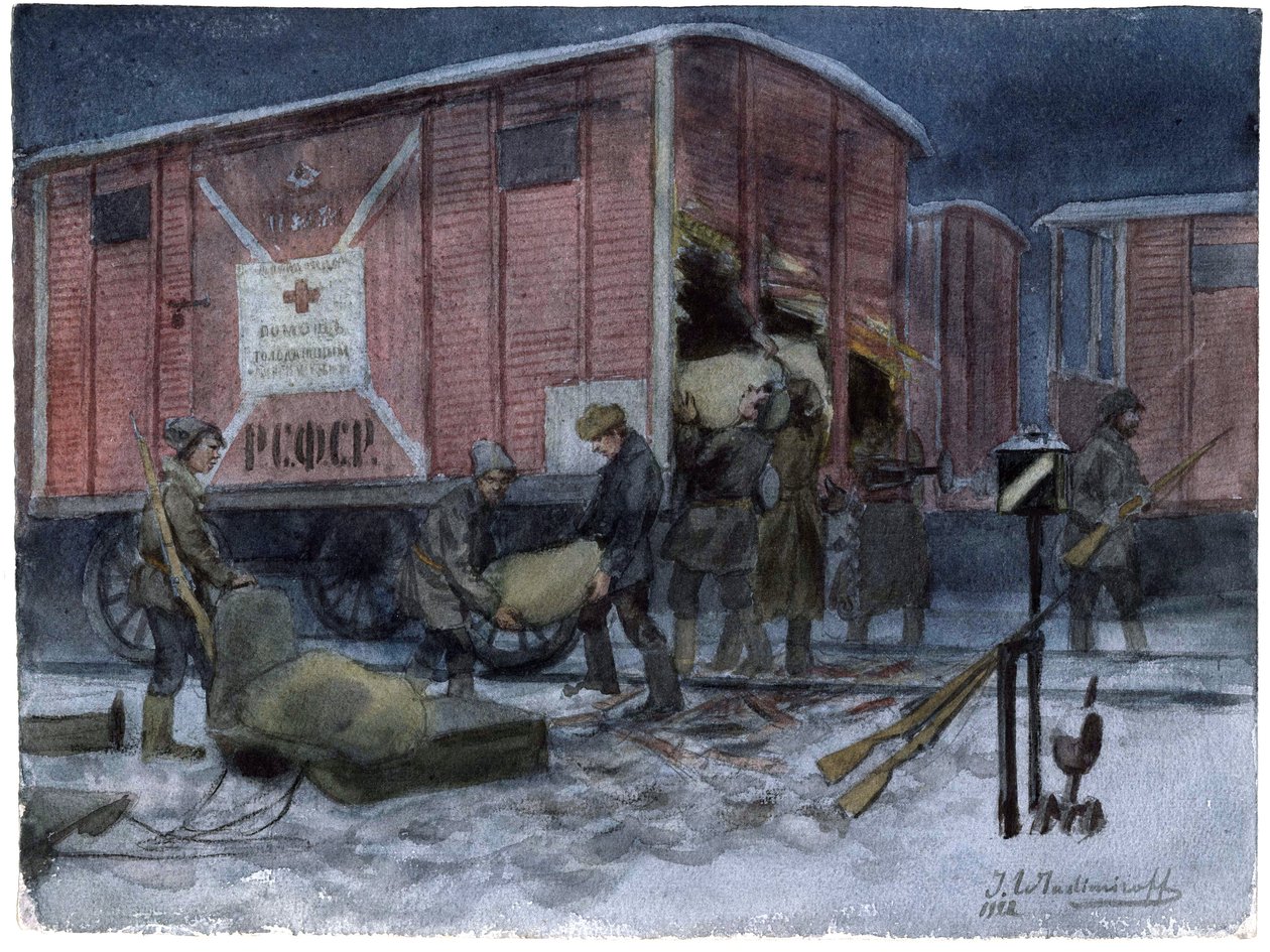 Soldats pillant un wagon de chemin de fer - Soldados saqueando un vagón de ferrocarril (de la serie de acuarelas Revolución rusa) - Vladimirov, Ivan Alexeyevich (1869-1947) - 1922 - Acuarela sobre papel - 25,8x34,1 - Colección particular de Ivan Alexeyevich Vladimirov