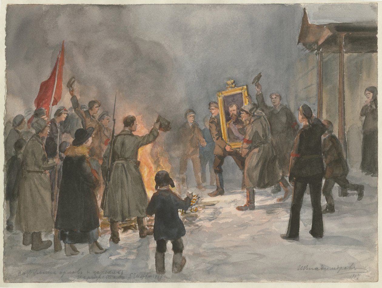 Soldados quemando pinturas de la serie de acuarelas Revolución rusa, 1917 de Ivan Alexeyevich Vladimirov