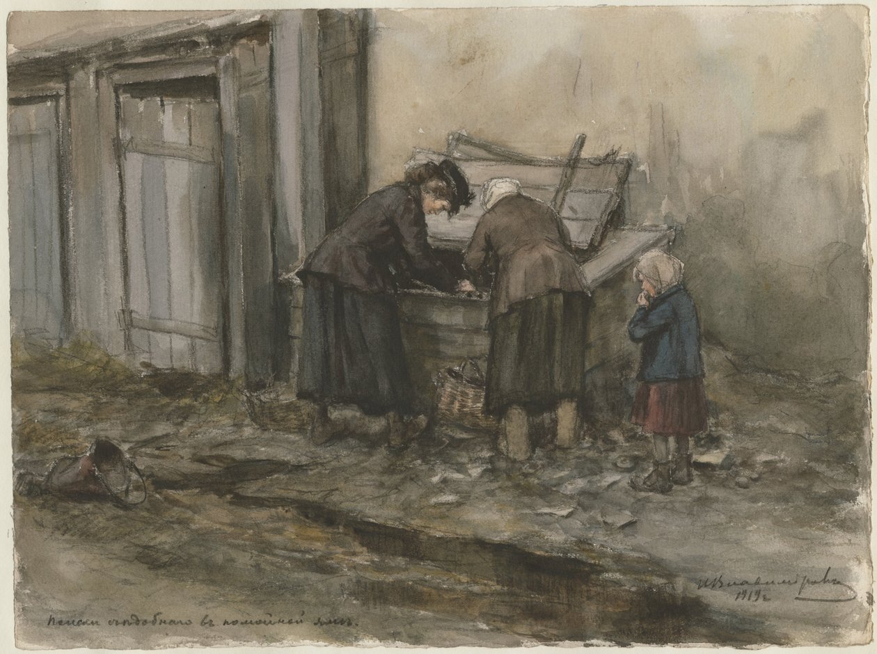 Dos mujeres y un niño buscando en un cubo de basura de la serie de acuarelas Revolución rusa de Ivan Alexeyevich Vladimirov