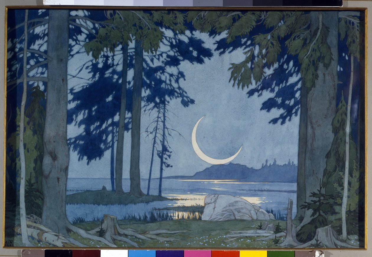 Claro de luna sobre el lago Ilmen. Escenografía para la ópera Sadko de Nicholas (Nikolai) Rimsky Korsakov (Rimsky-Korsakov) (1844-1908) (Noche en el lago Ilmen. Escenografía para la ópera Sadko de N. Rimsky-Korsakov (Rimsky Korsakov). Obra de Ivan Yakolevi de Ivan Yakovlevich Bilibin