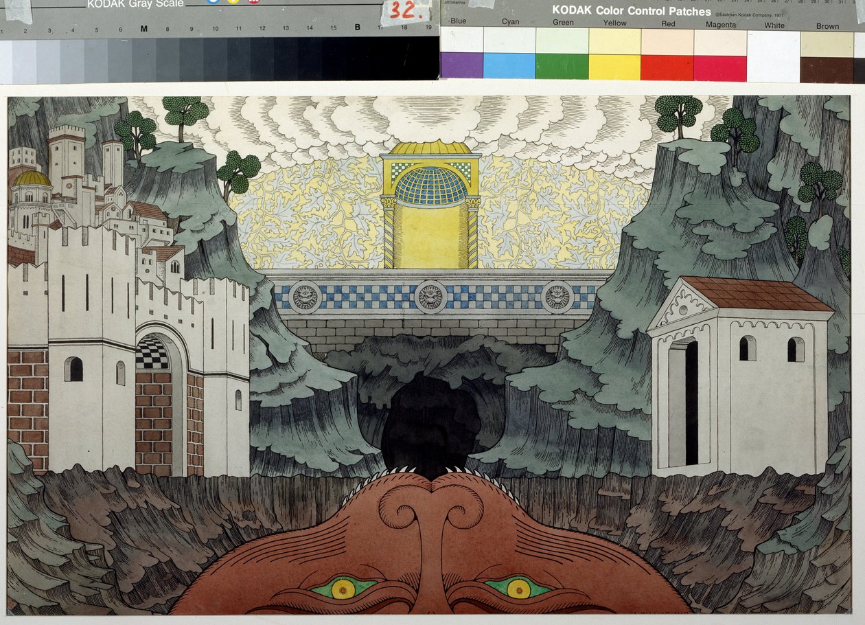 Dibujo preparatorio para la obra ""Le Miracle de Theophile"" de Rutebeuf (1230-1285) (Escenografía para la obra Le Miracle de Theophile de Rutebeuf). Pintura de Ivan Yakolevich Bilibin (Bilibin) (1876-1942). Acuarela y tinta sobre papel, 39,5 x 64 cm de Ivan Yakovlevich Bilibin