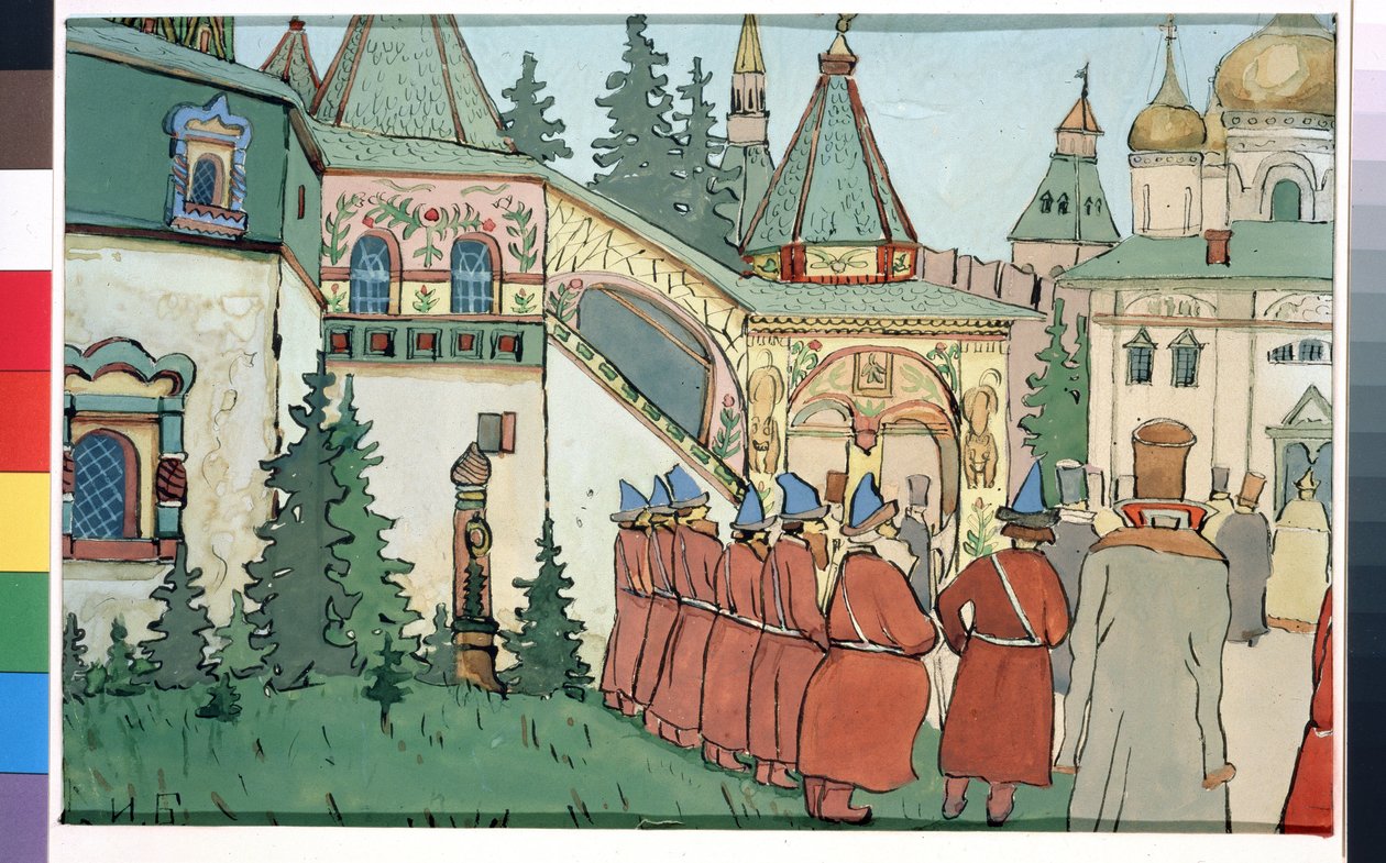 Dibujo preparatorio para la obra de teatro Finist el halcón inspirado en el cuento ruso ""La pluma de Finist el halcón orgulloso"" (Escenografía para la obra de teatro Finist el halcón). Pintura de Ivan Yakolevich Bilibin (Bilibin) (1876-1942). Acuarela, g de Ivan Yakovlevich Bilibin