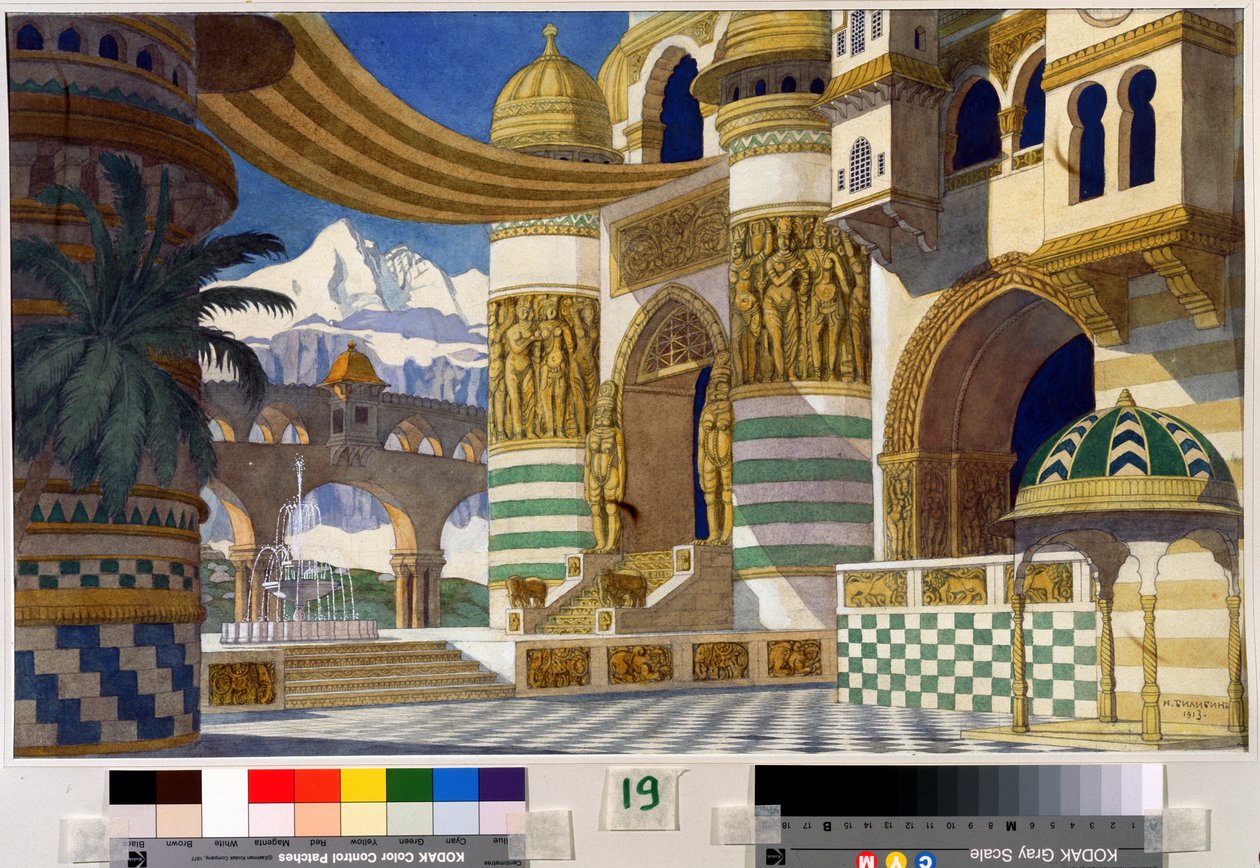 Dibujo preparatorio para la decoración de la ópera "Rouslan and Ludmila" de Mikhail Igor Glinka (1804-1857) (Escenografía para la ópera Ruslan and Ludmila de M.Glinka). Pintura de Ivan Yakolevich Bilibin (Bilibin) (1876-1942). Acuarela y tinta sobre papel, de Ivan Yakovlevich Bilibin