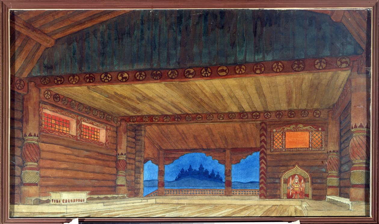 Dibujo preparatorio para la decoración de la ópera Ruslan y Ludmila de Mikhail Igor Glinka (1804-1857) (Escenografía para la ópera Ruslan y Ludmila de M.Glinka). Pintura de Ivan Yakolevich Bilibin (Bilibin) (1876-1942). Acuarela sobre papel, 36 x 61 cm de Ivan Yakovlevich Bilibin
