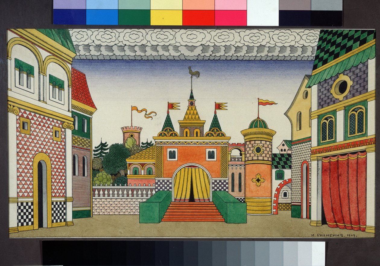 Dibujo preparatorio para el conjunto de la ópera El gallo de oro de Nicholas (Nikolai) Rimsky Korsakov (Rimsky-Korsakov) (1844-1908) . Pintura de Ivan Yakolevich Bilibin (Bilibi de Ivan Yakovlevich Bilibin