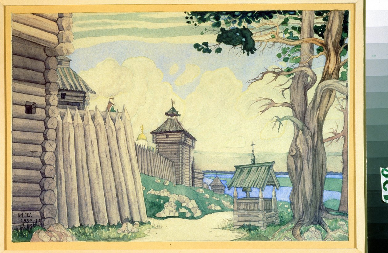 Dibujo preparatorio para la ópera ""Prince Igor"" de Alexandre Borodin (1833-1887) (Escenografía para la ópera Prince Igor de A. Borodin). Dibujo de Ivan Yakolevich Bilibin (Bilibin) (1876-1942). Acuarela sobre papel, 24 x 37 cm de Ivan Yakovlevich Bilibin