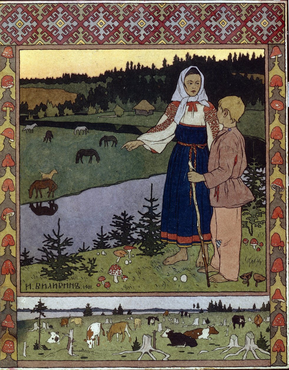 Ilustración para el cuento tradicional Alyonouchka e Ivanouchka. Obra de Ivan Yakovlevich Bilibin (Bilibin) (1876-1942), litografía de Ivan Yakovlevich Bilibin