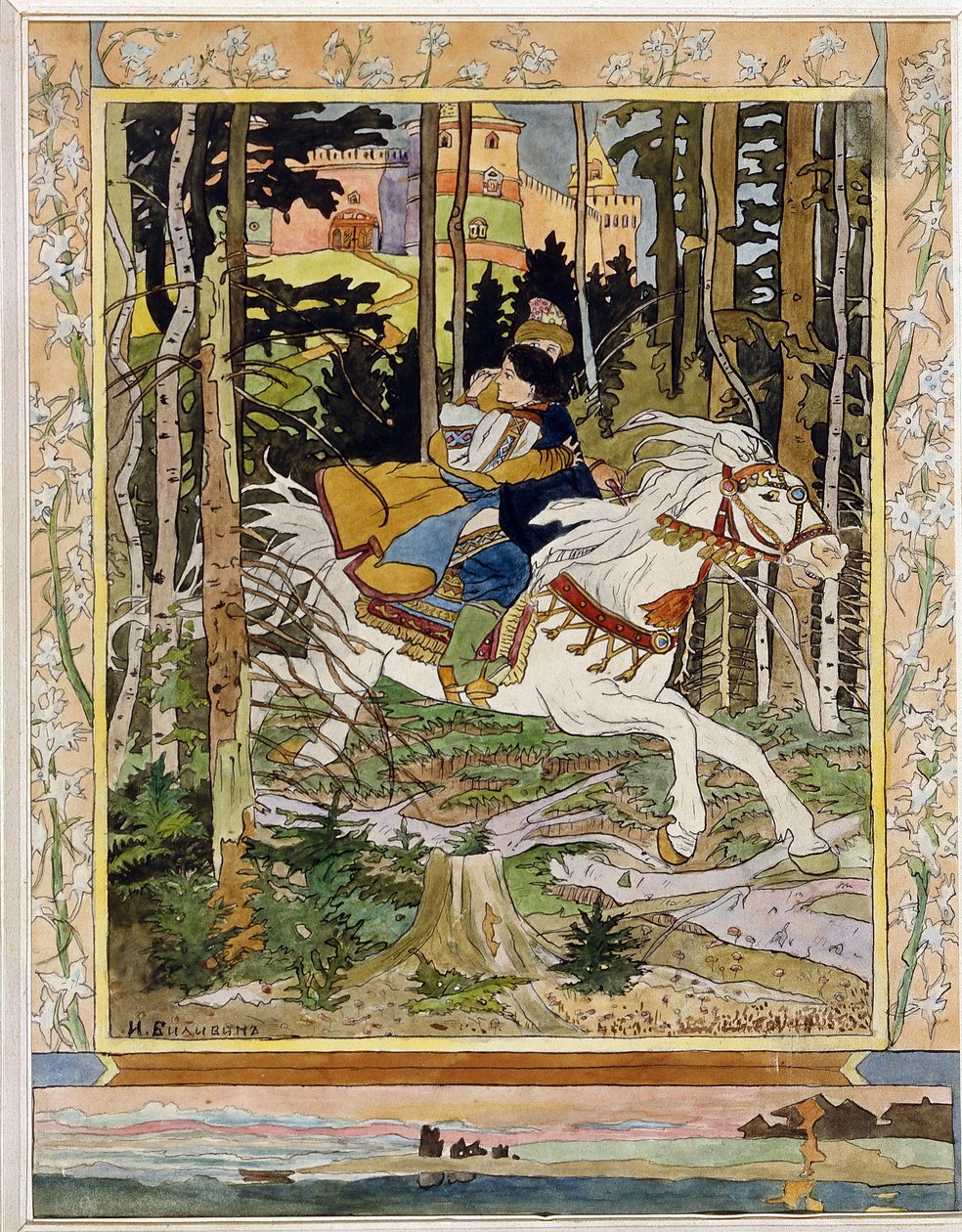 Príncipe Iván. (Iván Zarevich). Héroes de las leyendas del folclore ruso, montando un caballo blanco en el bosque, huyendo de un castillo y abrazando a Vassilissa La Tres Belle en sus brazos. Ilustración de Ivan Yakovlevich Bilibin (Bilibin) (1876-1942), a de Ivan Yakovlevich Bilibin