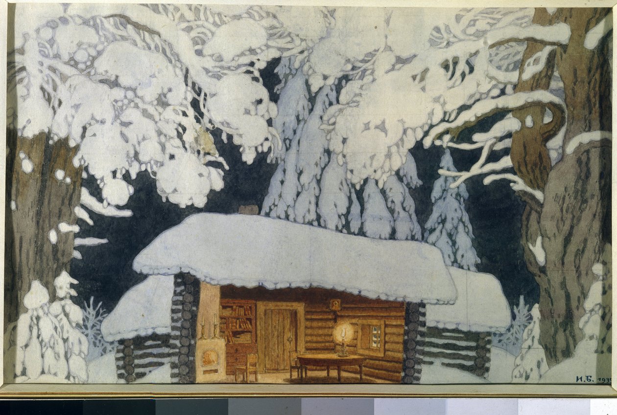 Casa de madera en el bosque nevado. Escenografía para la obra ""Comandante Suvorov"". Obra de Ivan Yakovlevich Bilibin (Bilibin) (1876-1942), acuarela y gouache sobre papel de Ivan Yakovlevich Bilibin