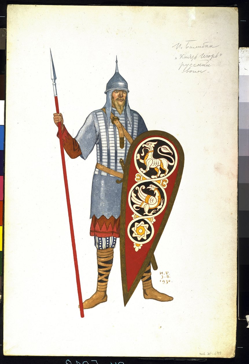 Un guerrero ruso en el siglo XII. Vestuario para la ópera ""Príncipe Igor"" de Alexander Borodin (1833-1887) (Guerrero ruso. Diseño de vestuario para la ópera Príncipe Igor de A. Borodin). Pintura de Ivan Yakolevich Bilibin (Bilibin) (1876-1942) de Ivan Yakovlevich Bilibin