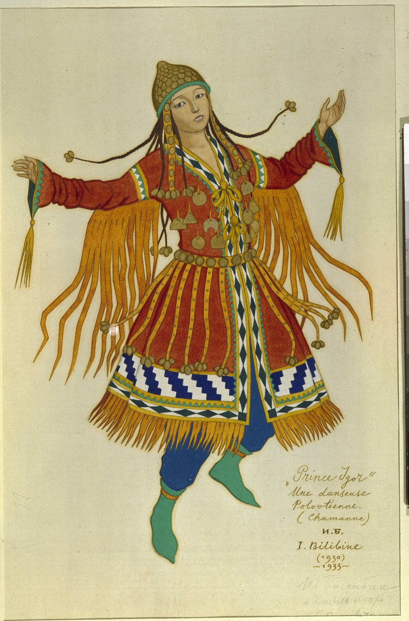 Un bailarín chamán polovtsiano (o couman, kuman). Vestuario para la ópera ""Príncipe Igor"" de Alexandre Borodin (Borodin) (1833-1887). Obra de Ivan Yakovlevich Bilibin (Bilibin) (1876-1942), acuarela sobre papel de Ivan Yakovlevich Bilibin