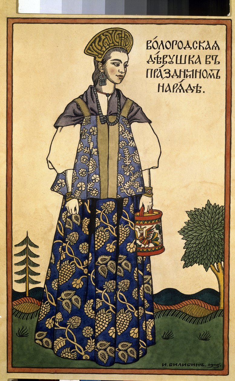 Una joven de Vologda con un vestido festivo. (Una doncella de Voloda en traje festivo). Con un Kokochnik, un tocado alto, y un sarafane, un vestido recto sin mangas, de la región al norte de Moscú. Obra de Ivan Yakovlevich Bilibin (Bilibin) (1876-1942), po de Ivan Yakovlevich Bilibin