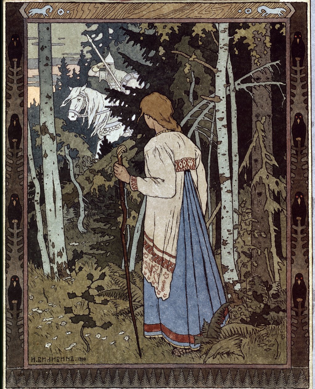 Vassilissa la Más Bella y el Jinete Blanco. (Vasilisa la Bella y el Jinete Blanco). (cuento tradicional ruso). Obra de Ivan Yakovlevich Bilibin (Bilibin) (1876-1942), litografía de Ivan Yakovlevich Bilibin