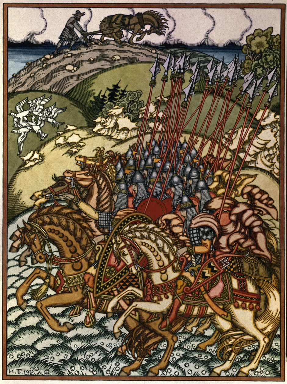 Volga Sviatoslavich (Vseslav de Polotsk (vers 1039-1101), gran príncipe de Kiev de 1068 a 1069) et Mikula Selyaninovich (?). Oeuvre de Ivan Yakovlevich Bilibin (Bilibine) (1876-1942), litografía de Ivan Yakovlevich Bilibin