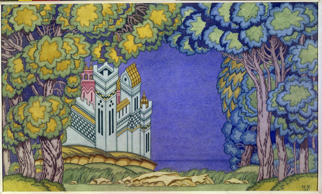 Decoración de ópera para "El cuento del zar Saltan", Island Buyan de Nicholas (Nikolai) Rimsky Korsakov (Rimsky-Korsakov) (1844-1908) de Ivan Yakovlevich Bilibin