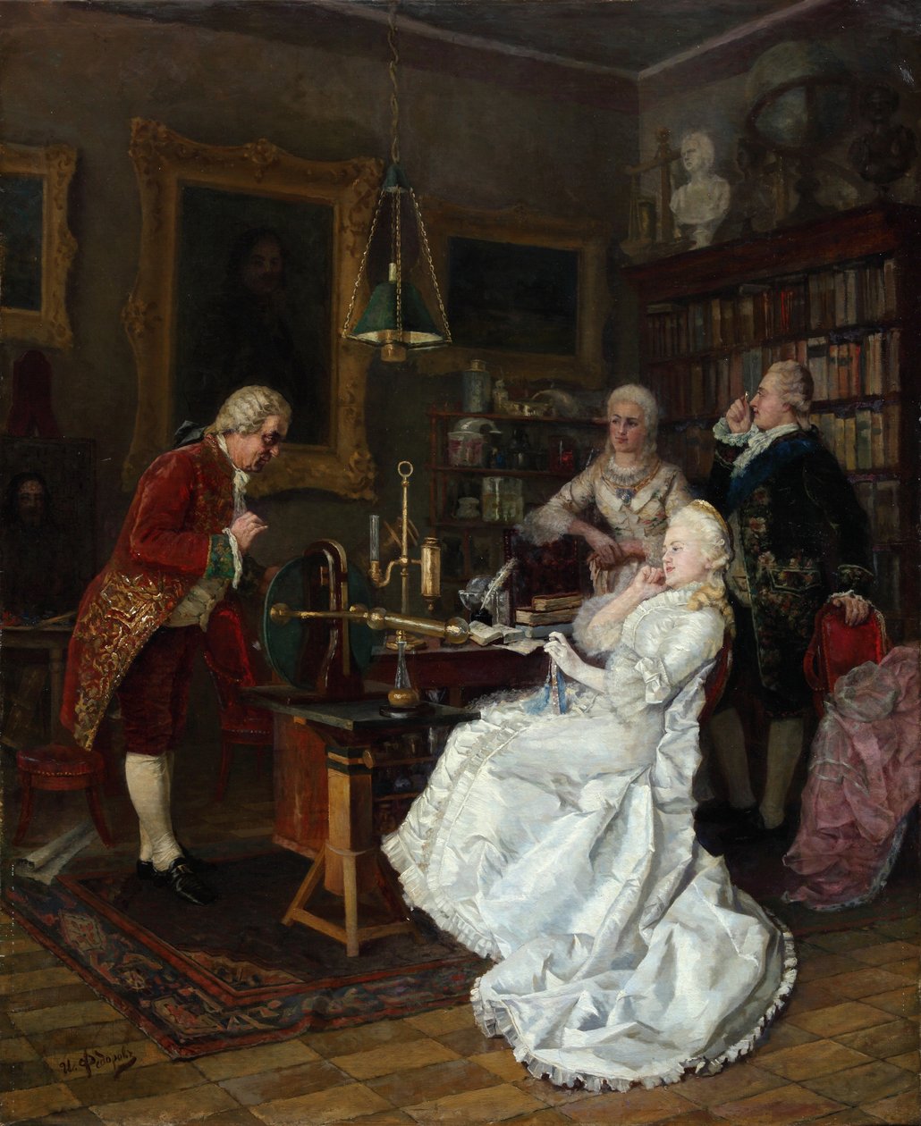 La emperatriz Catalina II visitando al erudito Mijaíl Lomonósov, 1884 de Ivan Kuzmich Fyodorov