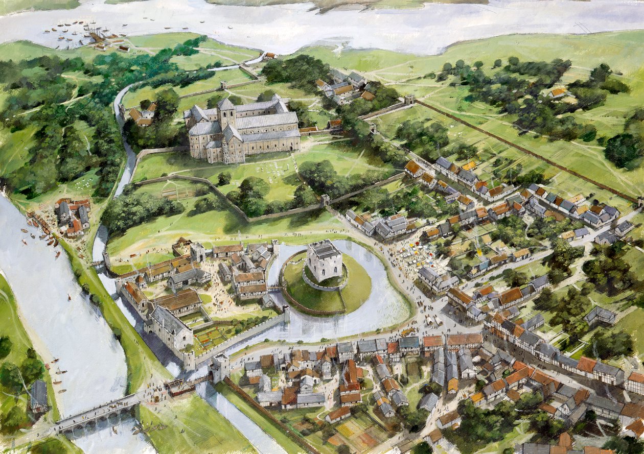 Vista aérea del castillo, el puerto y el priorato de Christchurch representados a finales del siglo XII de Ivan Lapper