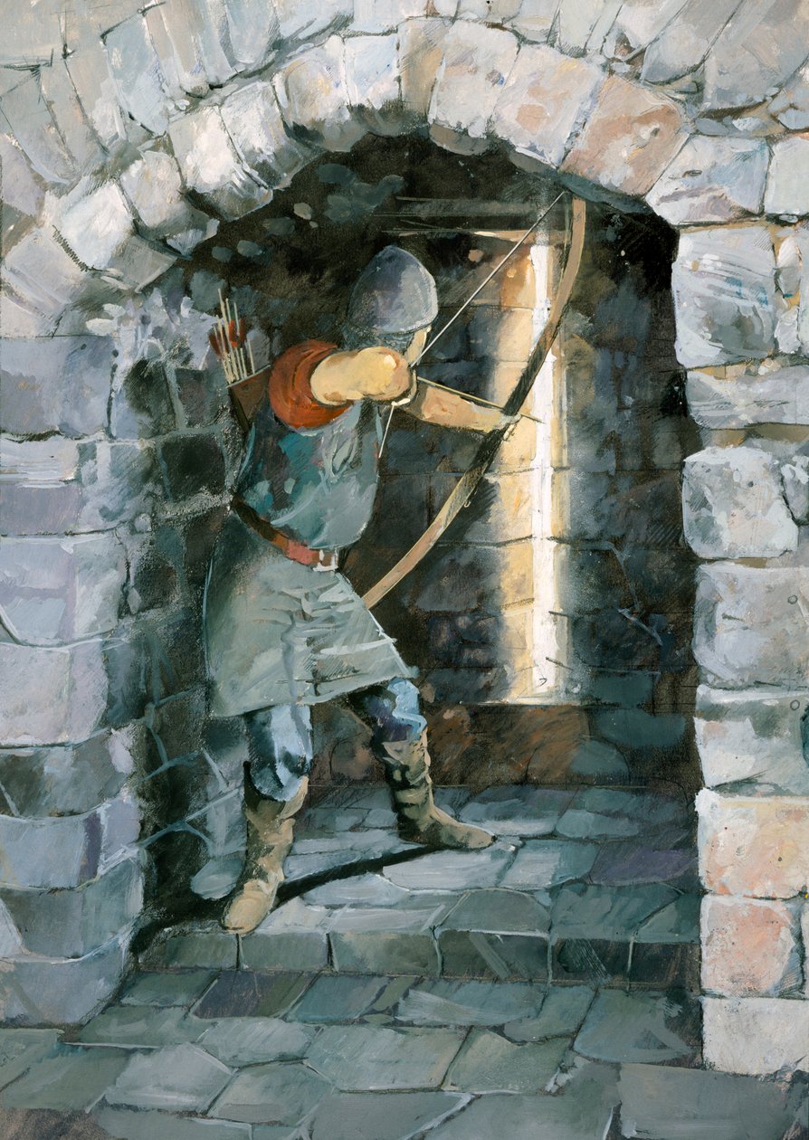 Arquero Medieval Disparando a Través de una Ranura para Flechas en el Castillo de Beeston, Cheshire de Ivan Lapper