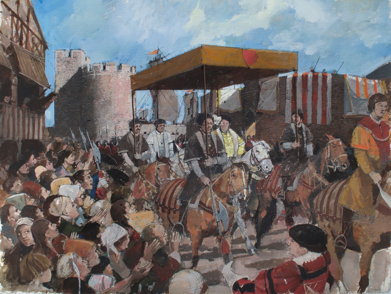 Vista reconstruida de la procesión de coronación del rey Eduardo VI saliendo de la Torre de Londres en 1547 de Ivan Lapper
