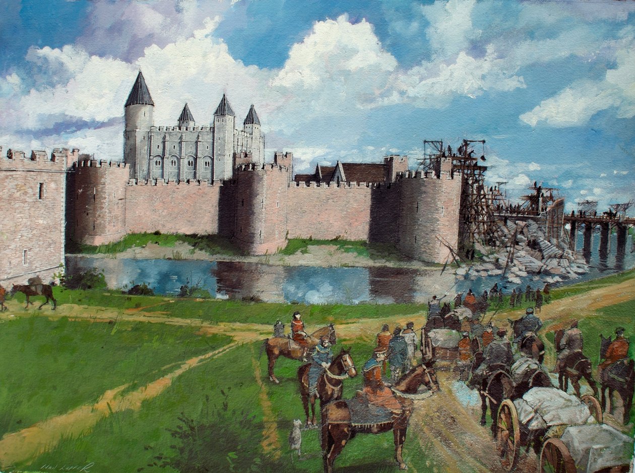 Vista reconstruida de la Torre de Londres desde el noroeste que muestra la puerta derrumbada del rey Enrique III en 1300 de Ivan Lapper