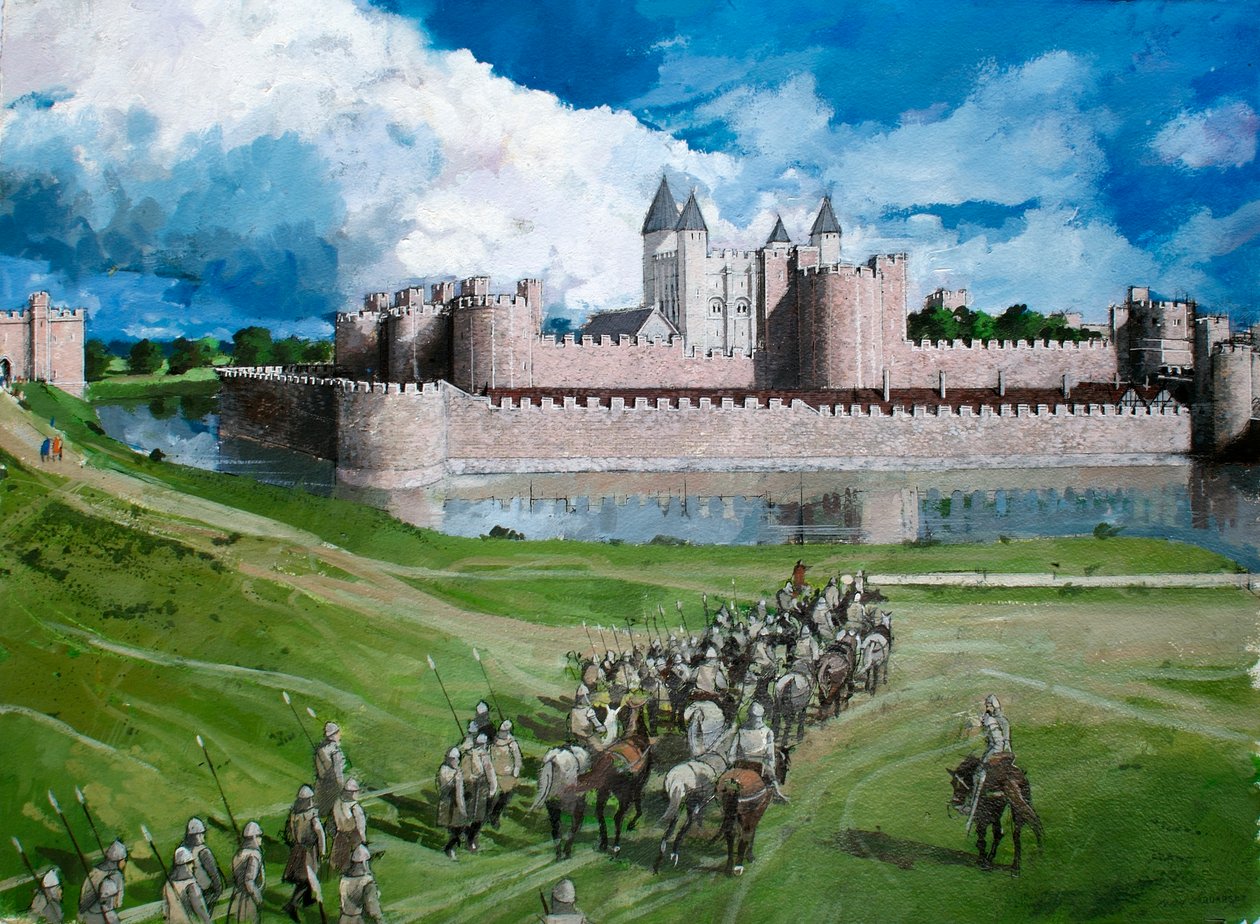 Vista reconstruida de la Torre de Londres, que muestra el muro cortina exterior completado por el rey Eduardo I en 1300. de Ivan Lapper
