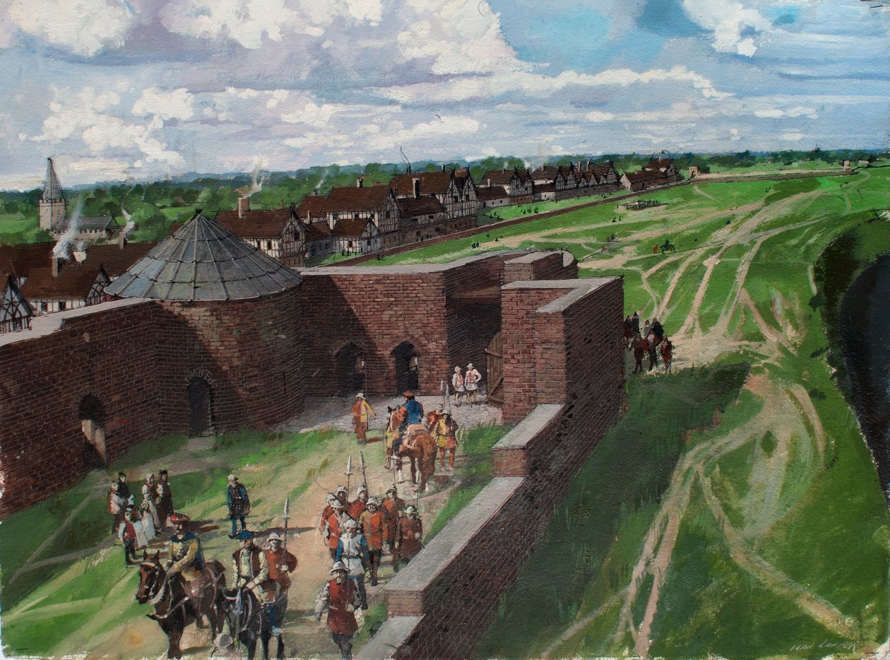 Vista reconstruida de la Torre de Londres, que muestra la entrada de la Torre Byward y la Torre del León en la década de 1540 de Ivan Lapper