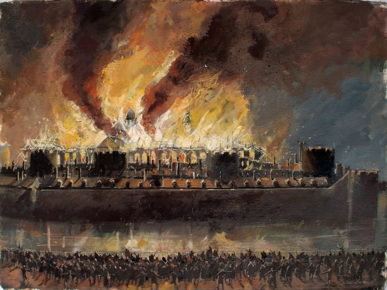 Vista reconstruida de la Torre de Londres con el Gran Almacén incendiado en 1841 de Ivan Lapper