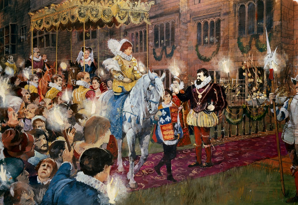 Robert Dudley dando la bienvenida a la Reina Isabel I en el Castillo de Kenilworth, Warwickshire, julio de 1575 de Ivan Lapper