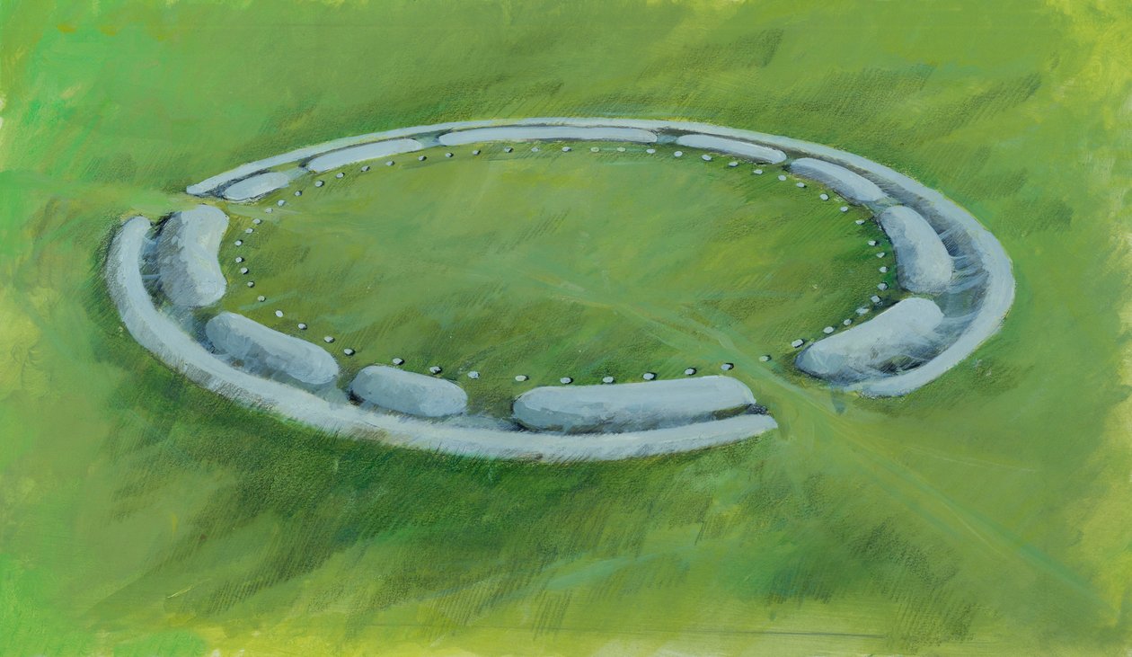 Stonehenge: primera fase que comprende un foso, un banco y una contraescarpa que encierran los Aubrey Holes de Ivan Lapper