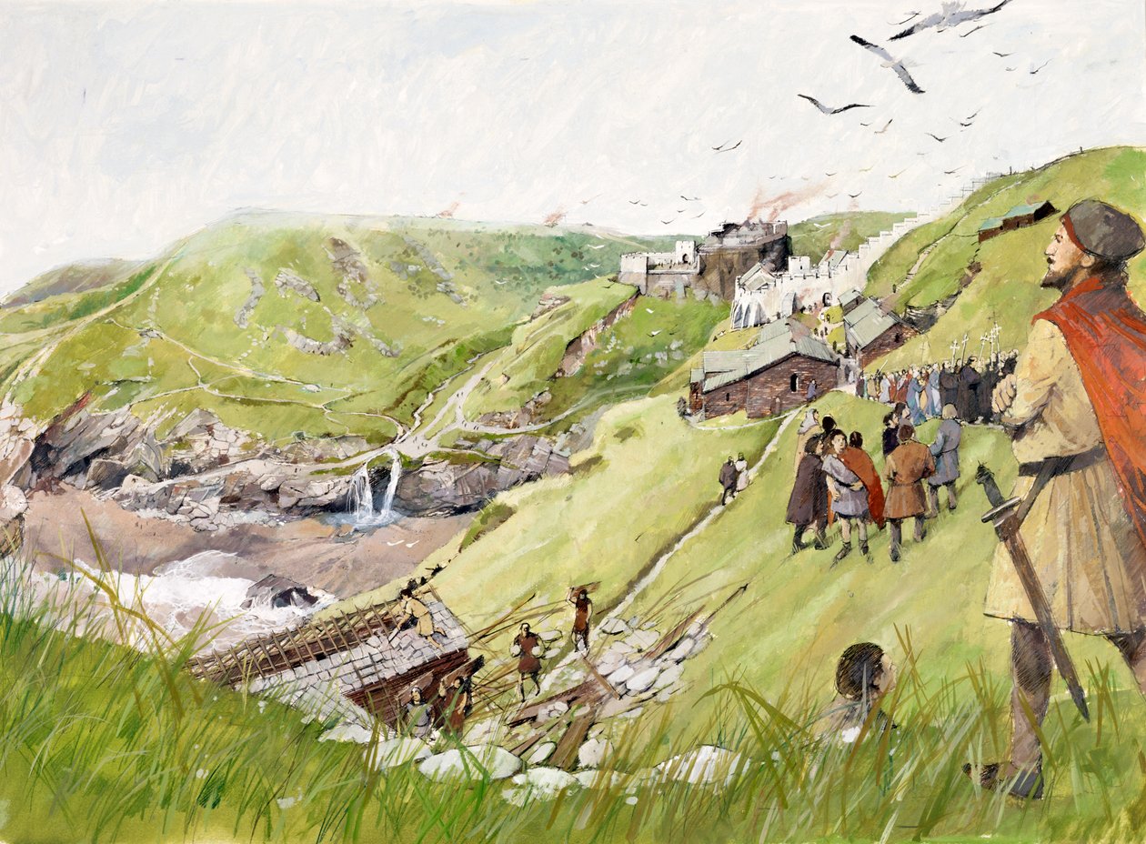 El castillo de Tintagel en la época medieval (acuarela sobre papel) de Ivan Lapper
