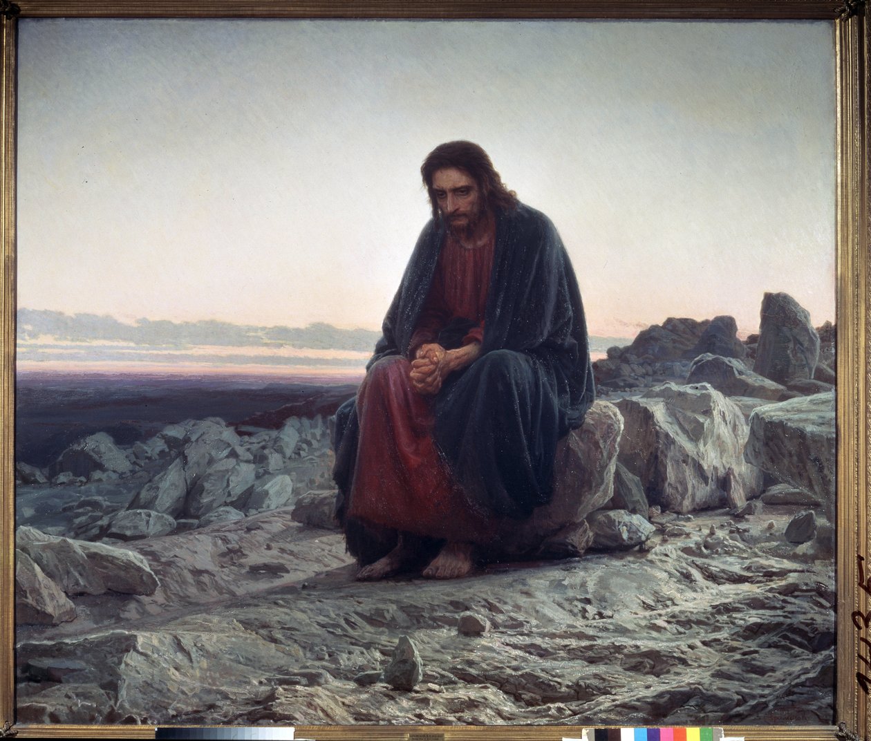 Cristo en el desierto (Cristo en el desierto). Cristo, sentado sobre una roca, con las manos entrelazadas en actitud de contemplación meditativa. Pintura de Ivan Nikolayevich Kramskoi (1837-1887), óleo sobre lienzo de Ivan Nikolaevich Kramskoy