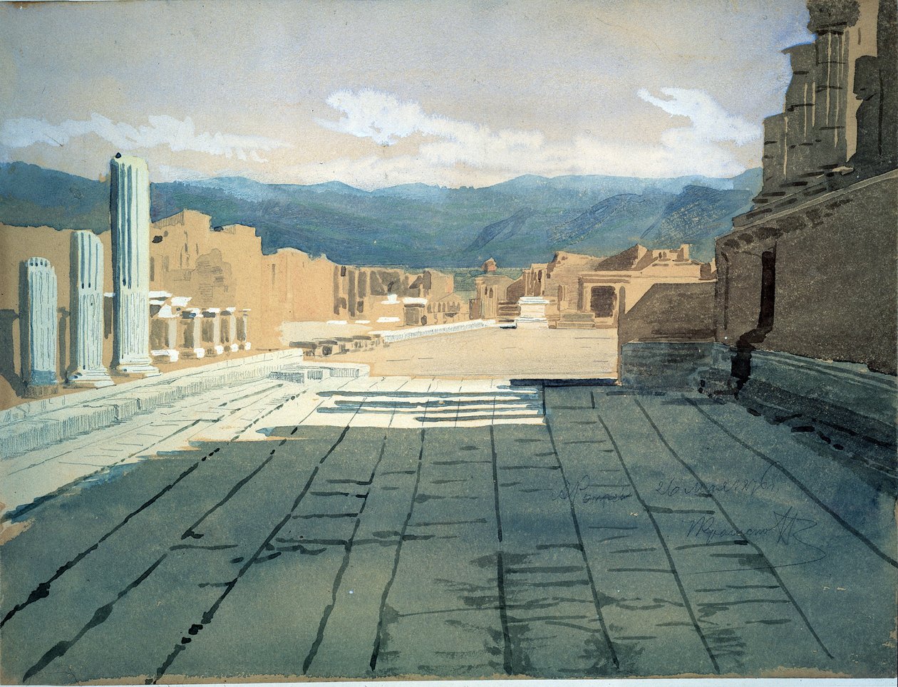 Pompeya (Italia). Vistas del foro de las ruinas romanas en la bahía de Nápoles, frente al monte Vesubio. Obra de Ivan Nikolayevich Kramskoi (1837-1887), acuarela sobre papel de Ivan Nikolaevich Kramskoy