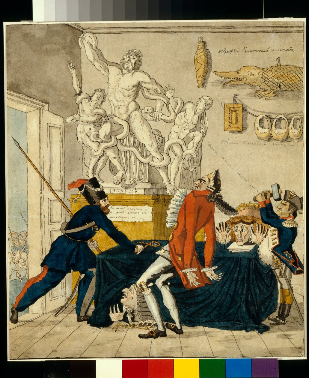 Napoleón Bonaparte (1769-1821) vende bienes robados, entre ellos el grupo Laocoonte - Caricatura de Ivan Ivanovich Terebenev (1780-1815), tinta y acuarela sobre papel de Ivan Nikolayevich Terebenev