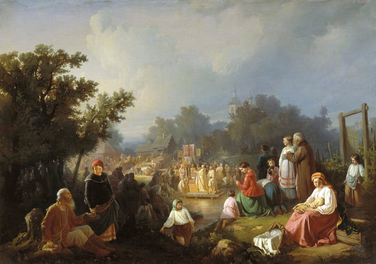 La bendición de las aguas en un pueblo rural, 1858 de Ivan Petrovich Trutnew