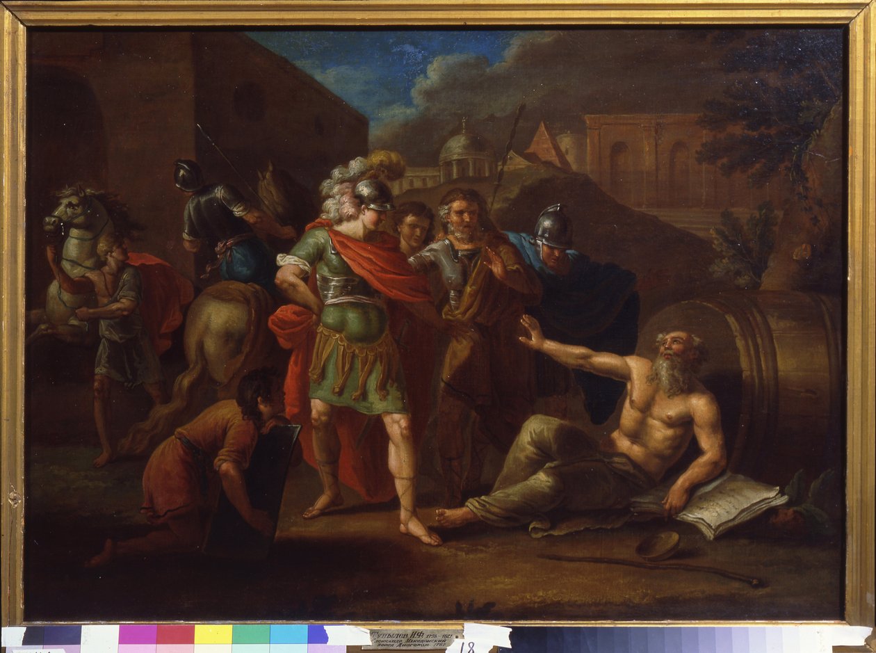 Alejandro Magno (Alejandro III de Macedonia, 356-323 a.C.) visita a Diógenes (Diógenes de Sinope o el Cínico, hacia 413-circa 327 a.C.) en Corinto (Grecia) de Ivan Philippovich Tupylev