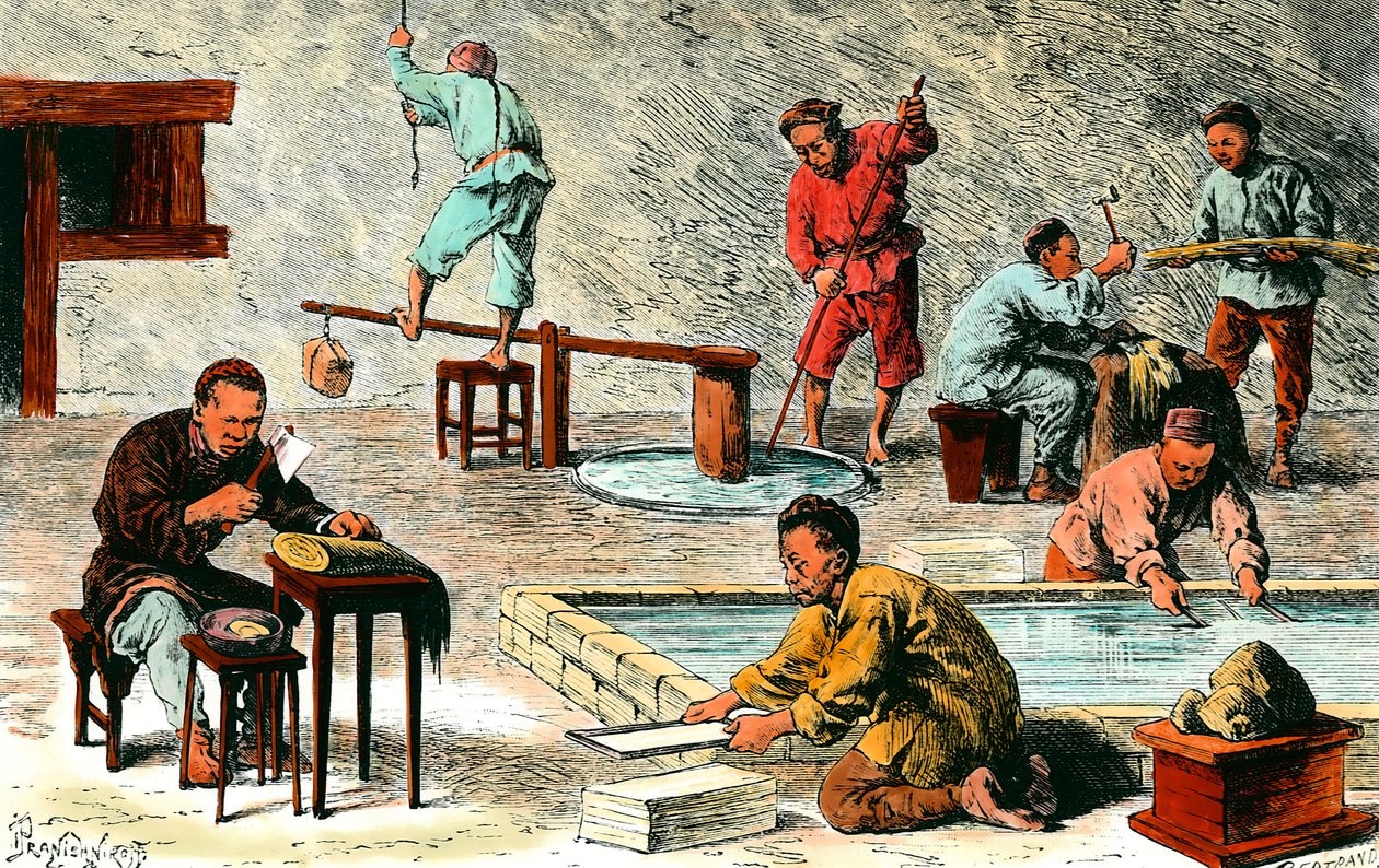 Fabricación de papel en China: diferentes etapas de la producción de hojas de papel a partir de la corteza. Dibujo de Ivan Pranishnikoff (1841-1909). Siglo XIX Colección privada de Ivan Pranishnikoff