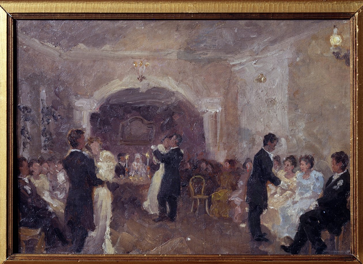 La bola del comerciante. Las parejas bailan, las jóvenes vestidas de blanco están sentadas esperando una invitación para bailar. Pintura de Ivan Semyonovich Kulikov (Koulikov) (1875-1941), óleo sobre lienzo de Ivan Semyonovich Kulikov