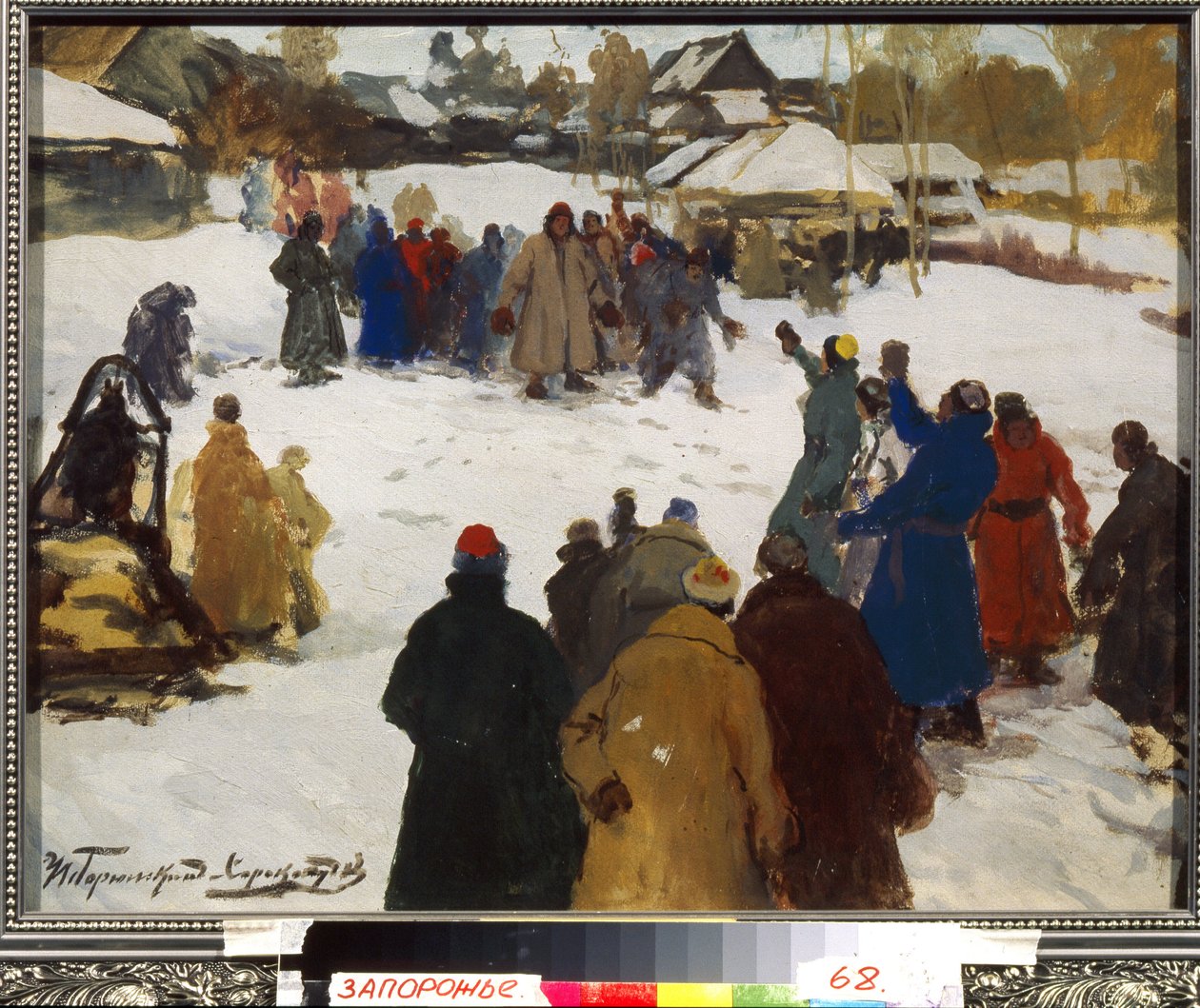 Pelea de figuras. (Pelea de puños), c.1910 (temple sobre cartón) de Ivan Silych Goriuschkin-Sorokopudov