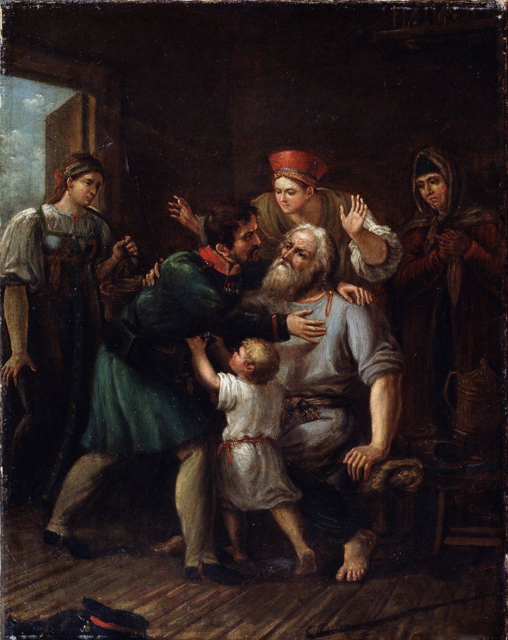 El guerrero del regreso a casa. Un soldado vuelve a casa y se lanza a los brazos de su antiguo padre. Toda la familia expresa su alegría y alivio al verle de nuevo con vida. Pintura de Ivan Vasilyevich Luchaninov (1781-1824), óleo sobre lienzo de Ivan Vasilyevich Luchaninov