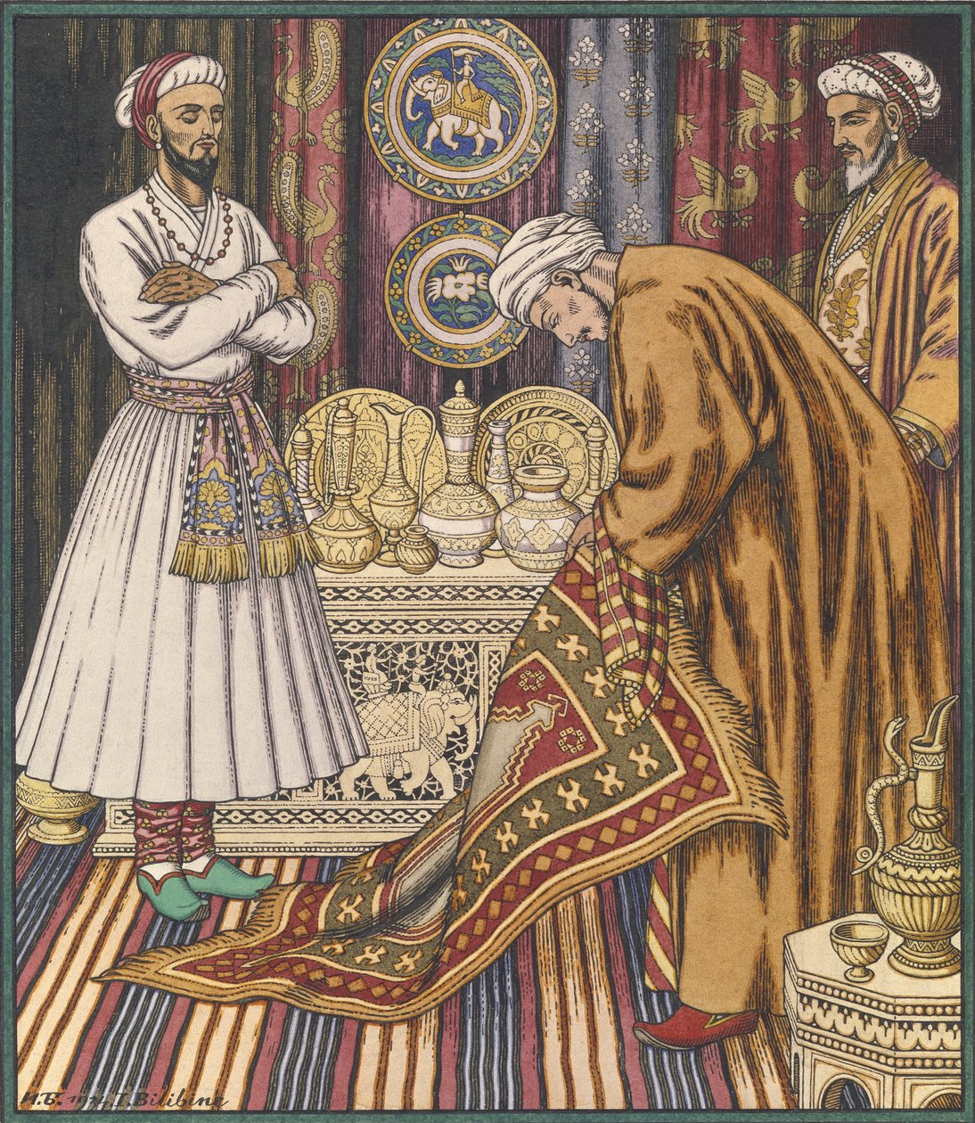 El príncipe Alí comprando una alfombra. Ilustración para Cuentos de hadas árabes de Ivan Yakovlevich Bilibin