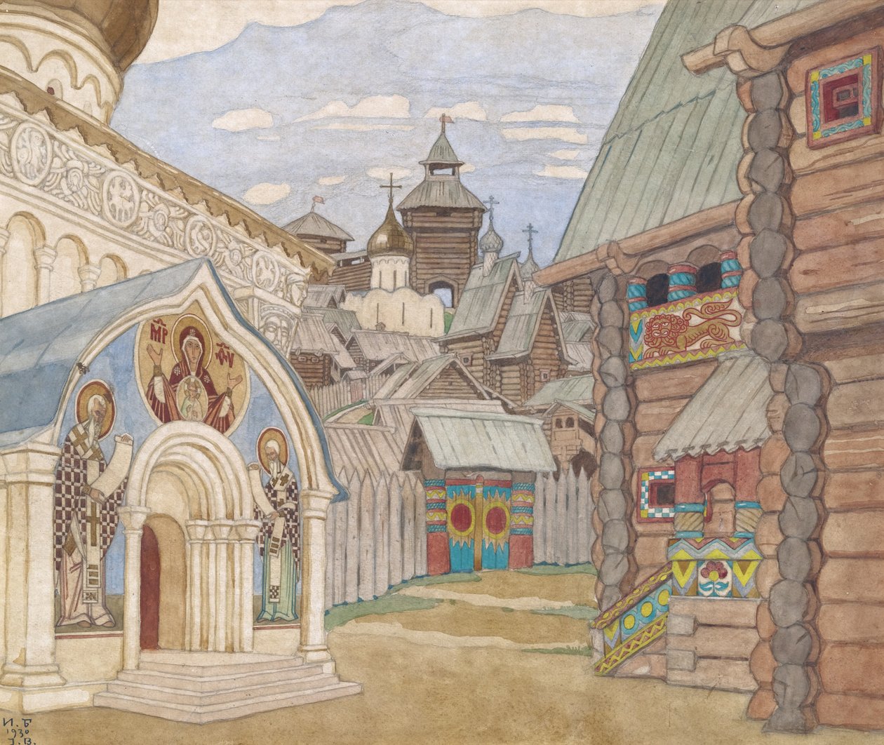 Aldea rusa. Diseño escénico para la ópera El cuento del zar Saltán de N. Rimsky-Korsakov de Ivan Yakovlevich Bilibin