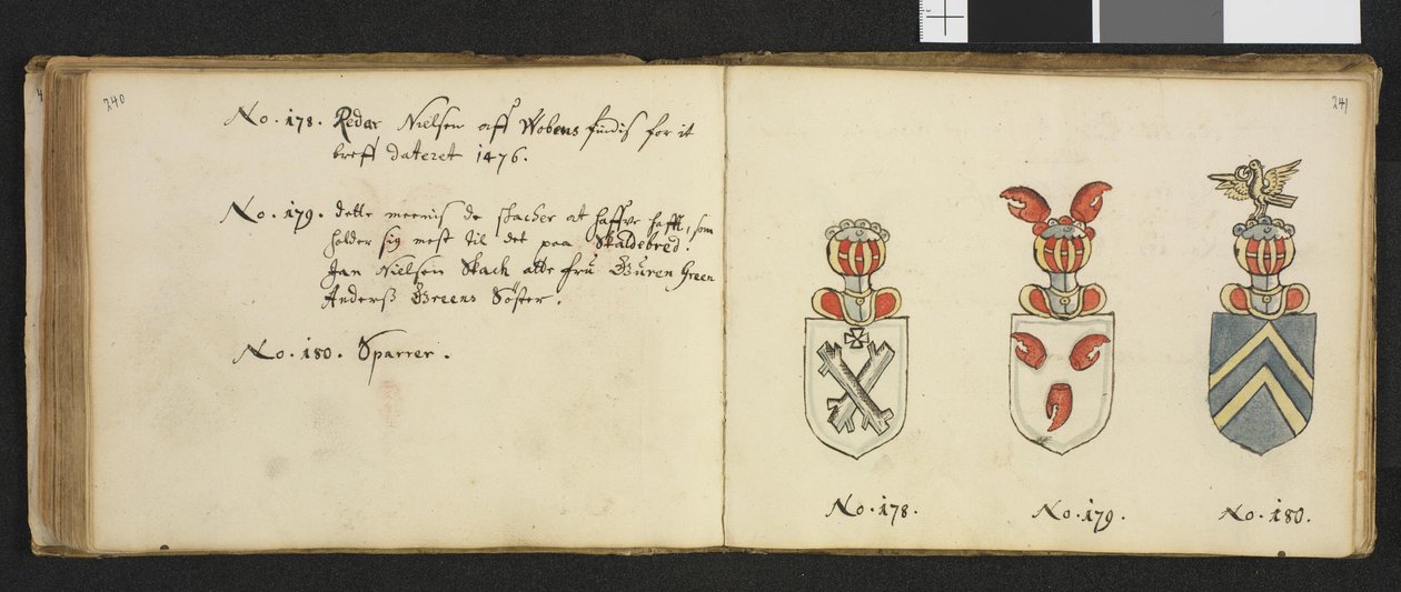 Ilustración de un archivo privado en la Biblioteca Nacional titulado Insignia quædam virorum illustrium in Norvegia quodam habitantium de Iver Nielssøn Hirtzholm de Iver Hirtzholm