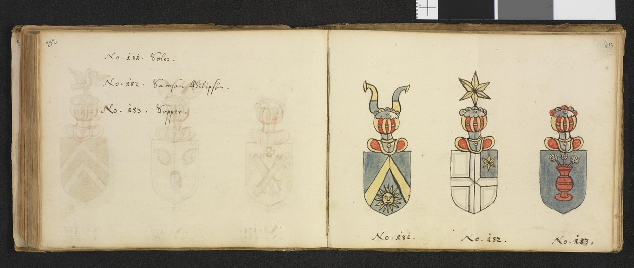 Ilustración de un archivo privado en la Biblioteca Nacional titulado Insignia quædam virorum illustrium in Norvegia quodam habitantium de Iver Nielssøn Hirtzholm de Iver Hirtzholm