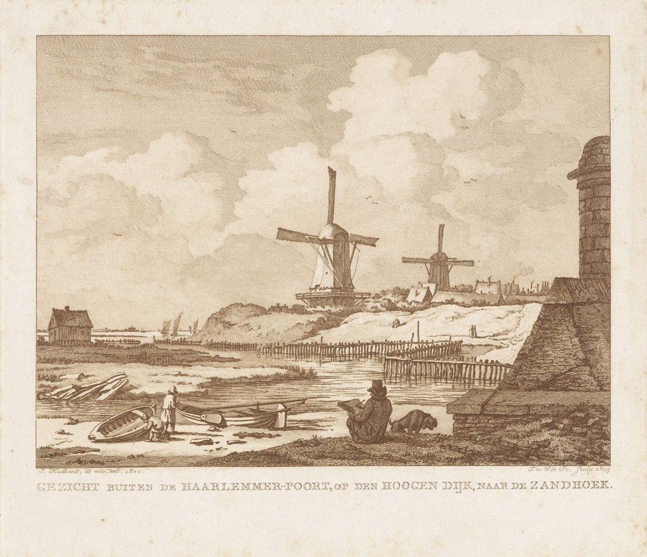 Vista exterior del Haarlemmerpoort en Ámsterdam con un dibujante sentado Vista exterior de Haarlemmer-Poort, en Hoogen Dijk, hacia Zandhoek (título sobre el objeto) de Izaak Jansz. de Wit