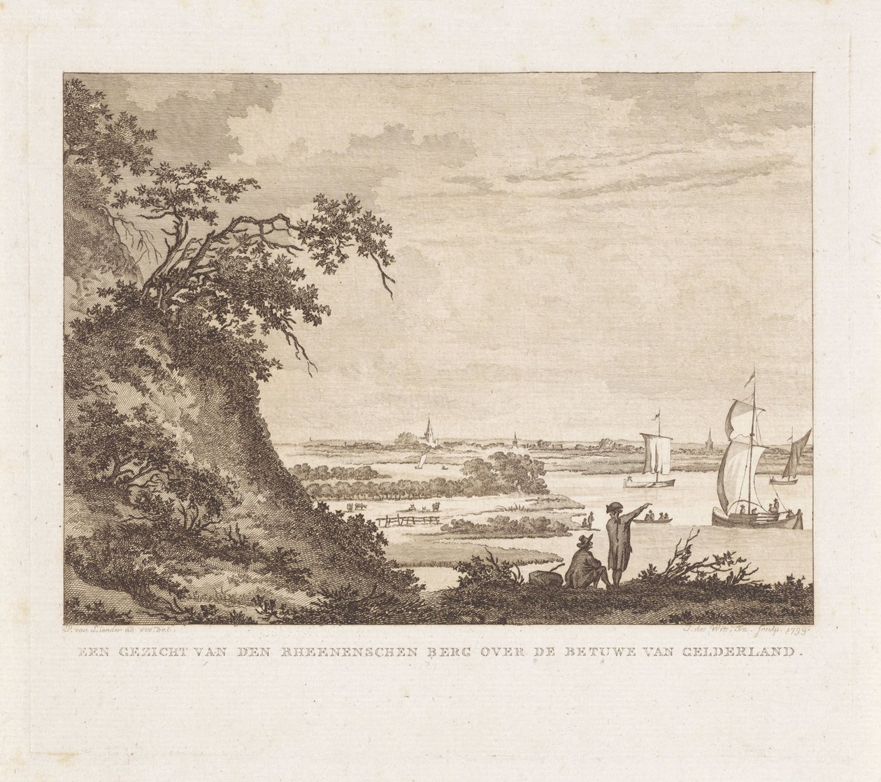 Amplio paisaje con dos figuras y veleros Una vista de den Rheenenschen Berg sobre el Betuwe de Gelderland (título sobre el objeto) de Izaak Jansz. de Wit